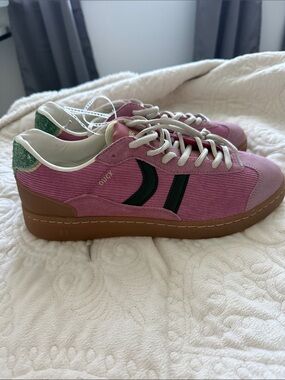 Coolway Pink Corduroy Low-Top Sneakers with Green Heel